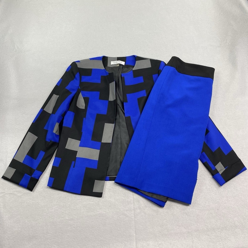 Kasper Skirt Suit Womens 8 Blue Black Open Front Colorblock Jacket Business